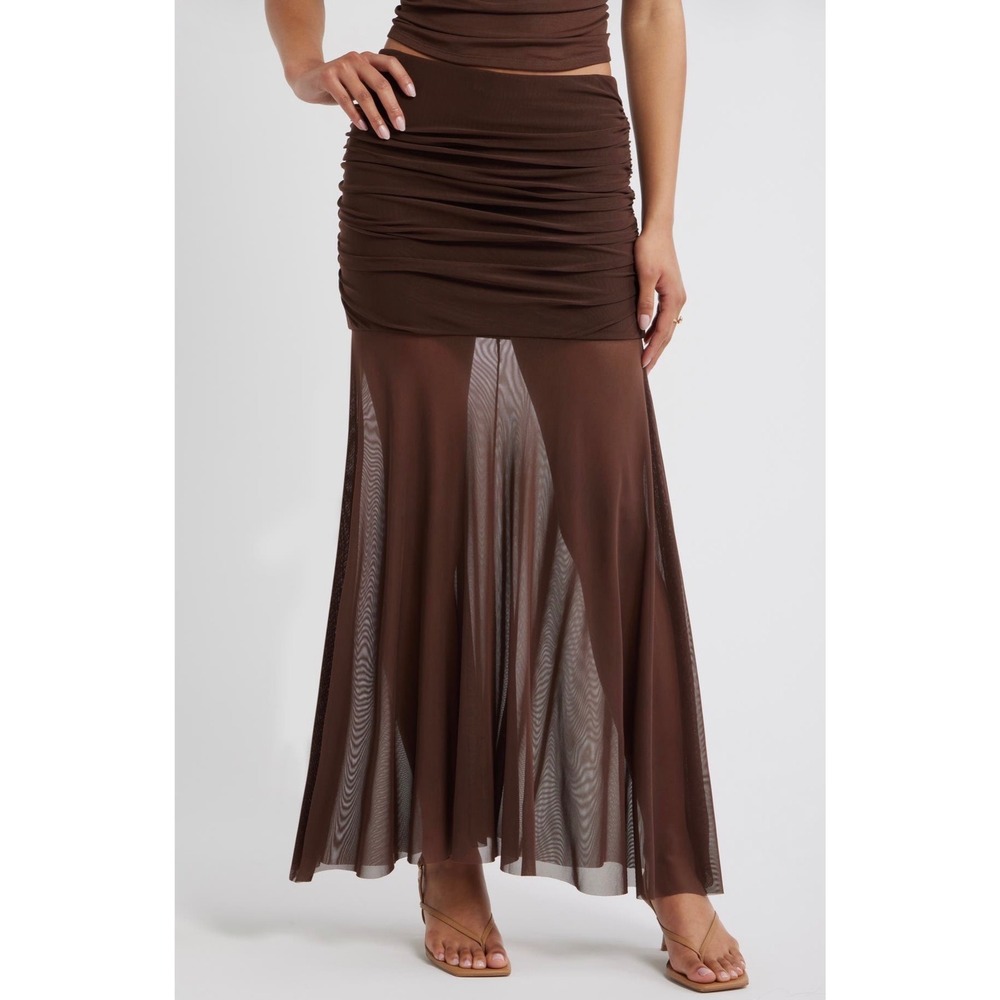 OPEN EDIT Brown Ruched Mesh Maxi Skirt Size XS Sheer Flowy Stretch